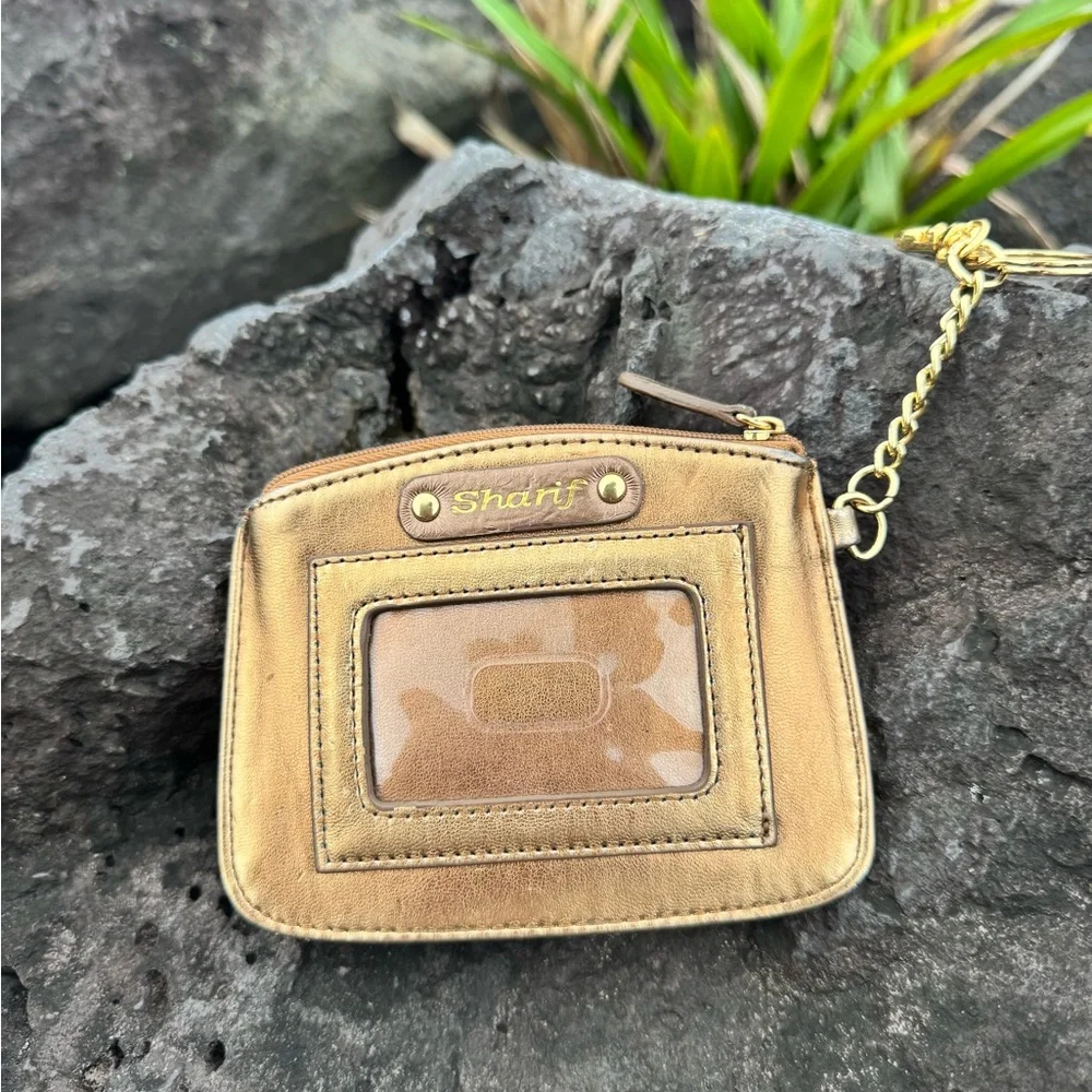 Sharif 1827 Panda Appliqué Coin Pouch Gold Leather Wristlet Keychain